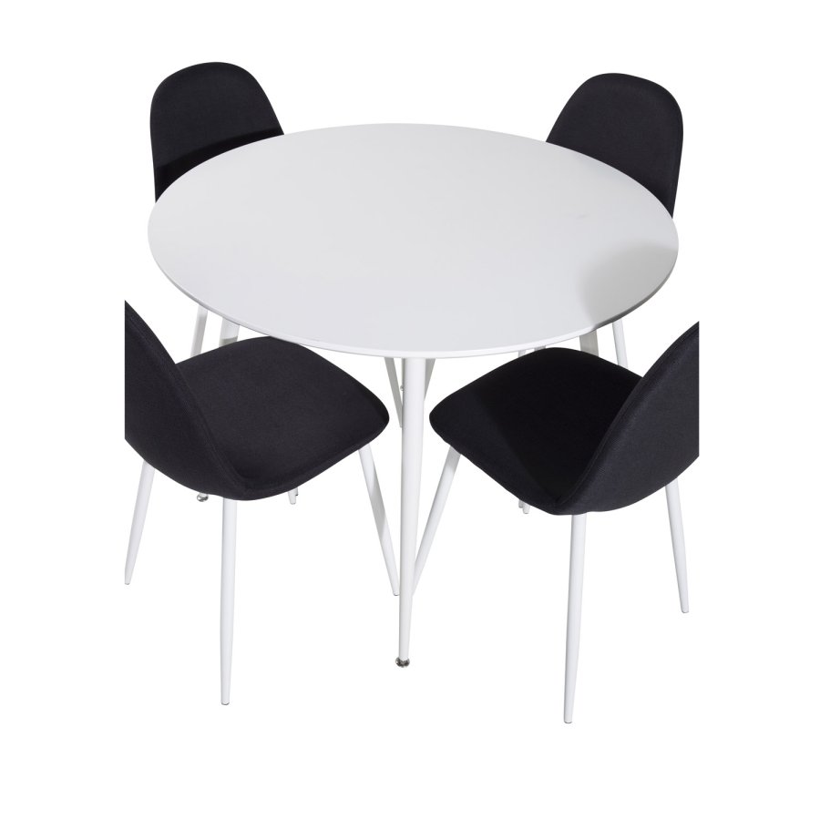 VENTURE DESIGN Plaza spisebordsett, m. 4 stoler - hvit MDF/hvit metall og sort stoff/hvit metall