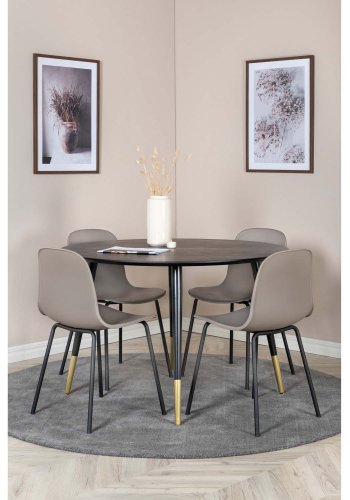 VENTURE DESIGN Dipp Esstisch-Set, mit 4 Stühlen – schwarzes Furnier/Metall und khakifarbener Kunststoff/messingschwarzes Metall
