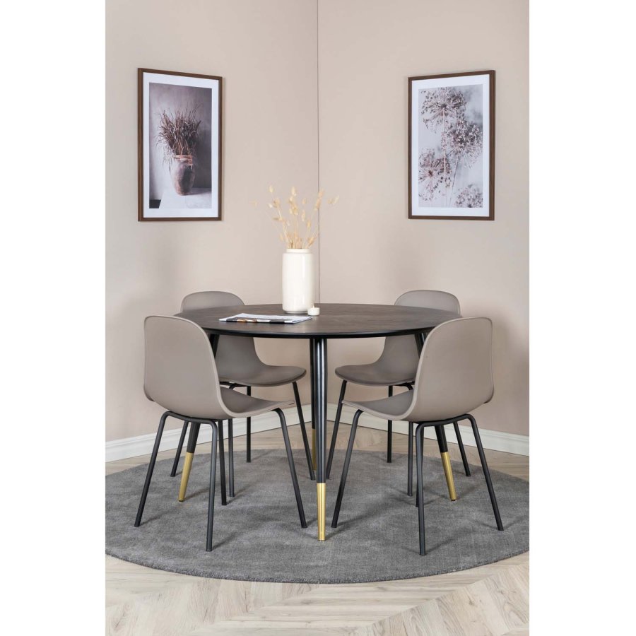 VENTURE DESIGN Dipp Esstisch-Set, mit 4 Stühlen – schwarzes Furnier/Metall und khakifarbener Kunststoff/messingschwarzes Metall