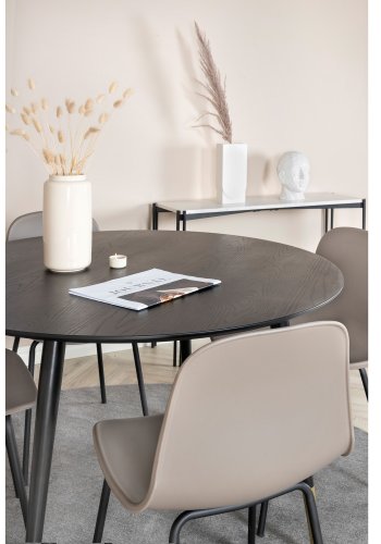 VENTURE DESIGN Dipp Esstisch-Set, mit 4 Stühlen – schwarzes Furnier/Metall und khakifarbener Kunststoff/messingschwarzes Metall