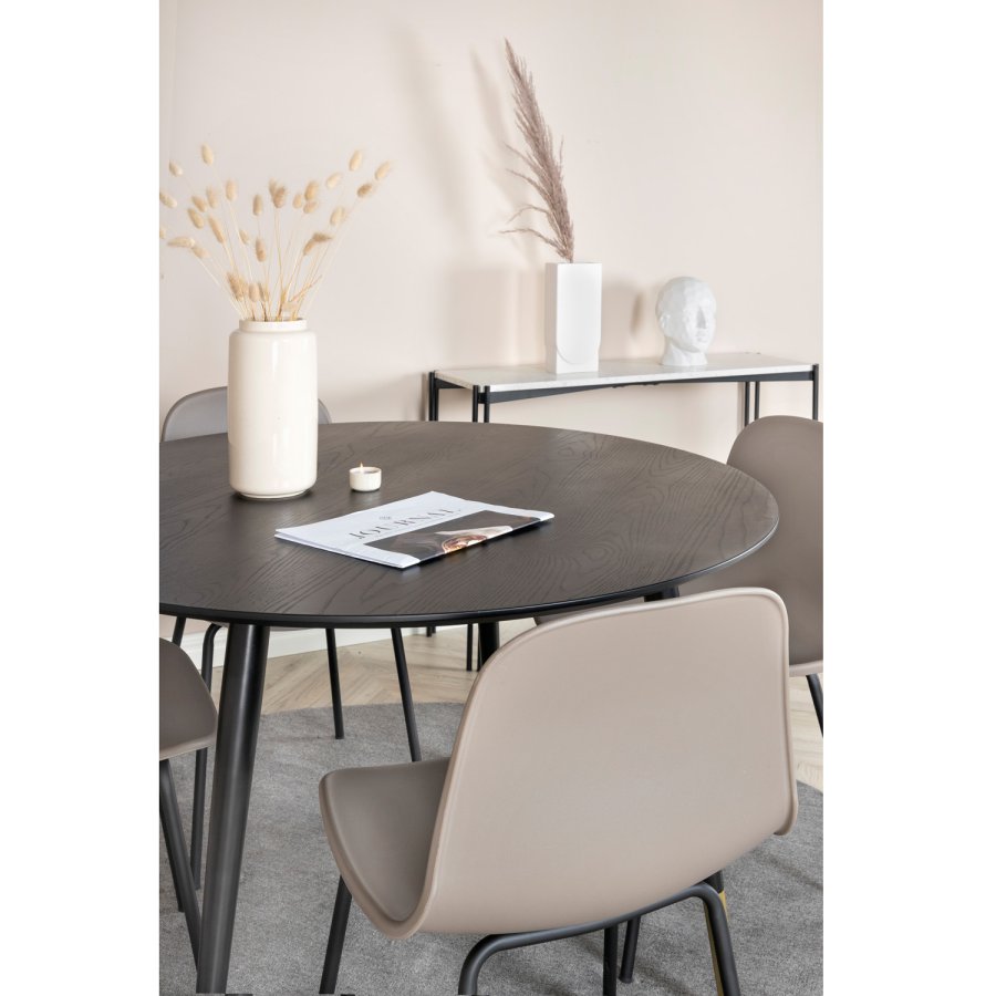 VENTURE DESIGN Dipp Esstisch-Set, mit 4 Stühlen – schwarzes Furnier/Metall und khakifarbener Kunststoff/messingschwarzes Metall