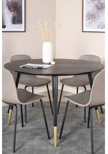 VENTURE DESIGN Dipp Esstisch-Set, mit 4 Stühlen – schwarzes Furnier/Metall und khakifarbener Kunststoff/messingschwarzes Metall