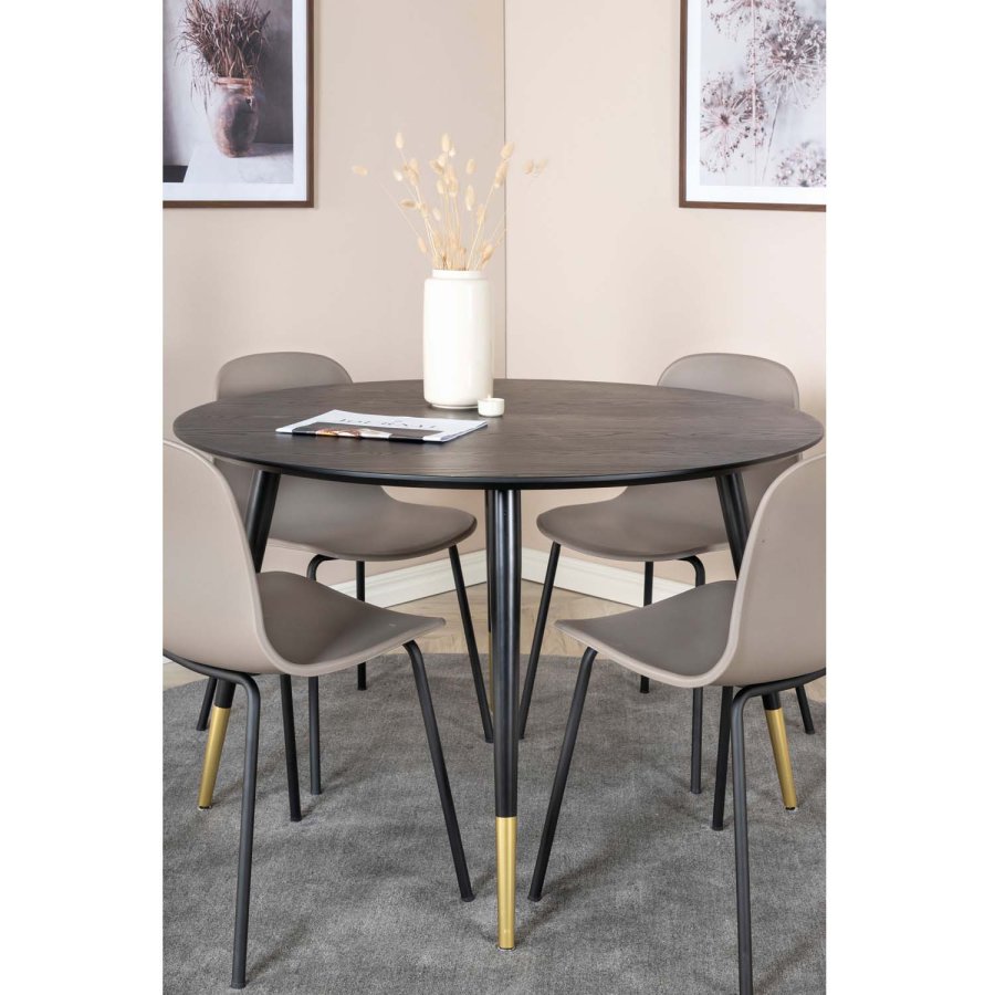 VENTURE DESIGN Dipp Esstisch-Set, mit 4 Stühlen – schwarzes Furnier/Metall und khakifarbener Kunststoff/messingschwarzes Metall