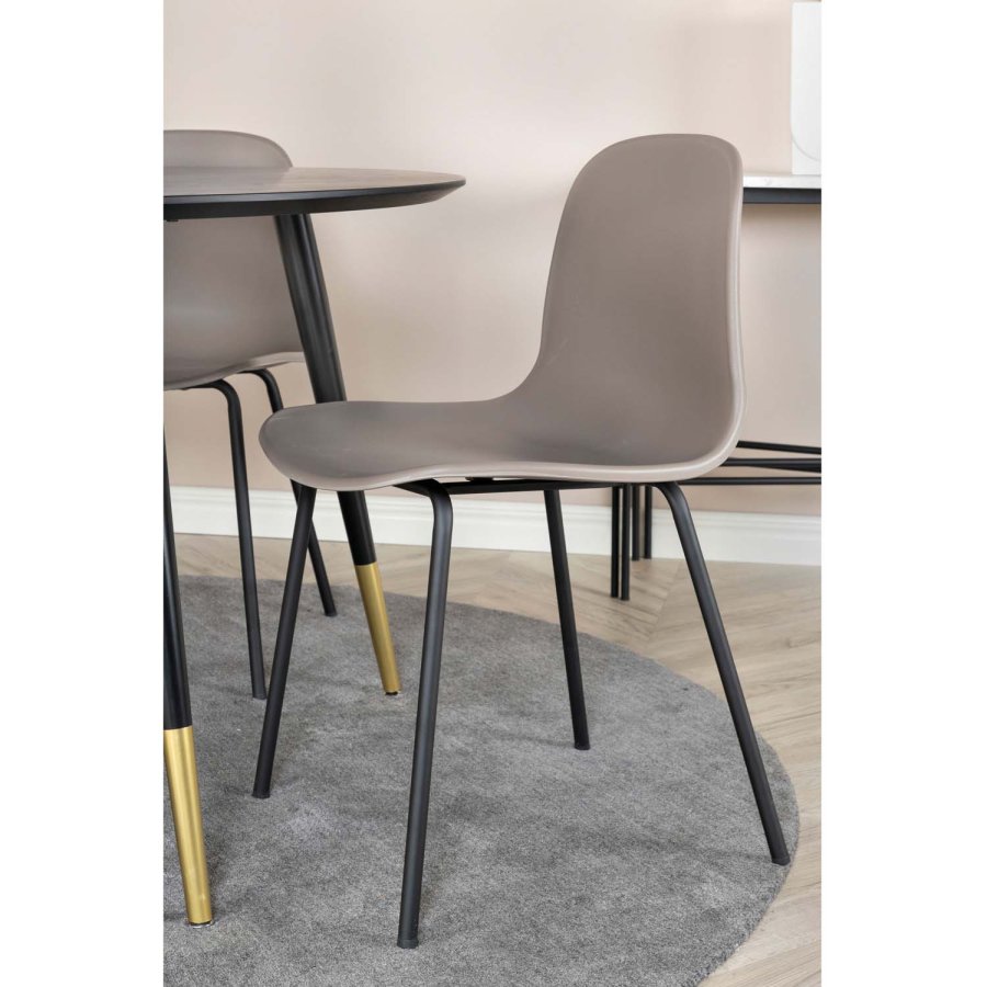 VENTURE DESIGN Dipp Esstisch-Set, mit 4 Stühlen – schwarzes Furnier/Metall und khakifarbener Kunststoff/messingschwarzes Metall