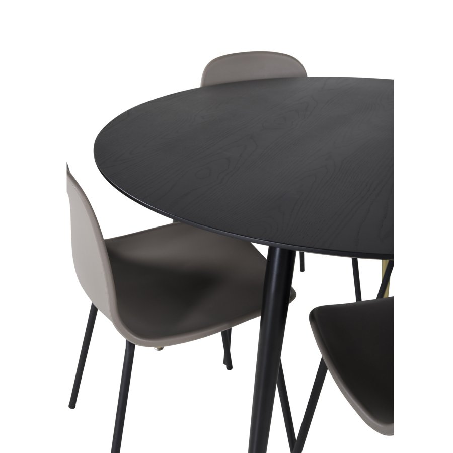 VENTURE DESIGN Dipp Esstisch-Set, mit 4 Stühlen – schwarzes Furnier/Metall und khakifarbener Kunststoff/messingschwarzes Metall