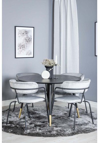 VENTURE DESIGN Dipp Esstisch-Set, mit 4 Stühlen – schwarzes Furnier/Messing, schwarzes Metall, grauer Samt/schwarzes Metall