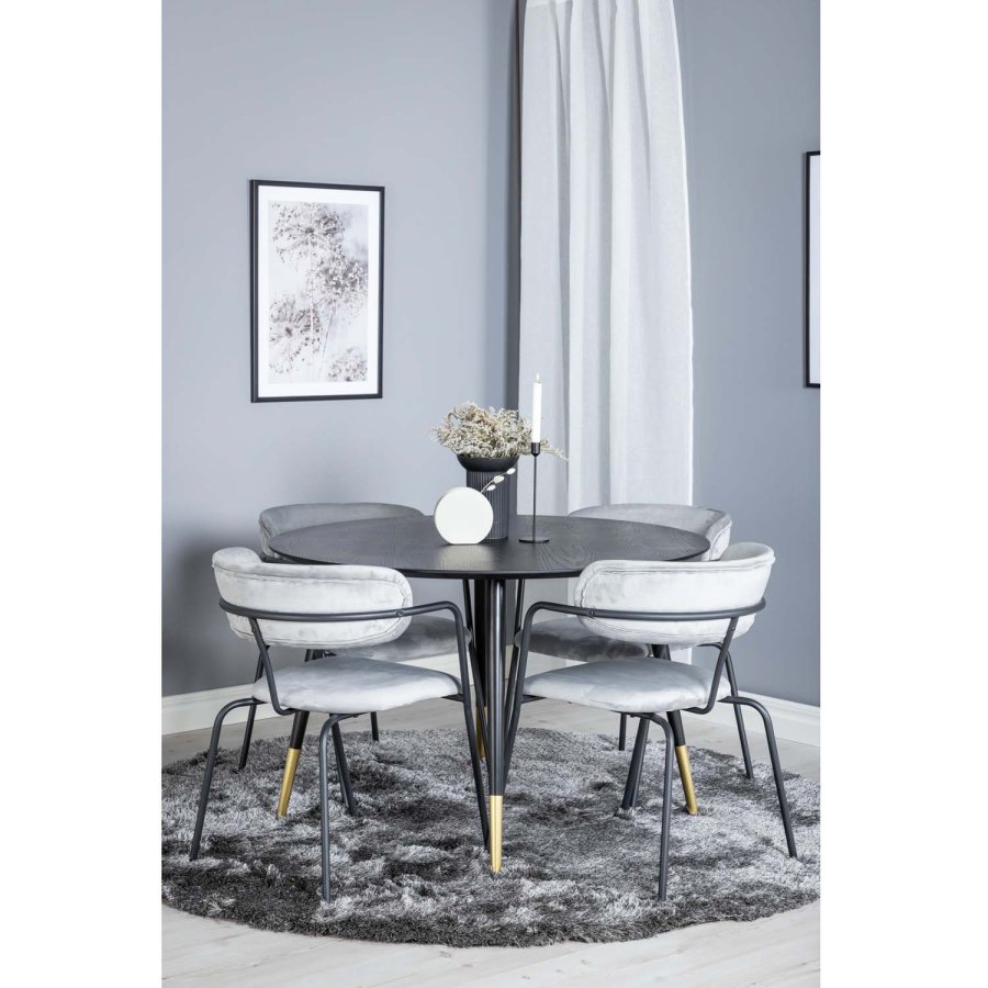 VENTURE DESIGN Dipp Esstisch-Set, mit 4 Stühlen – schwarzes Furnier/Messing, schwarzes Metall, grauer Samt/schwarzes Metall