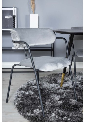 VENTURE DESIGN Dipp Esstisch-Set, mit 4 Stühlen – schwarzes Furnier/Messing, schwarzes Metall, grauer Samt/schwarzes Metall