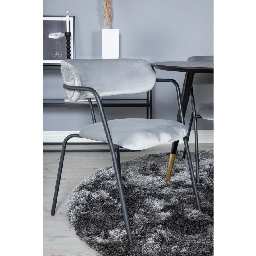 VENTURE DESIGN Dipp Esstisch-Set, mit 4 Stühlen – schwarzes Furnier/Messing, schwarzes Metall, grauer Samt/schwarzes Metall