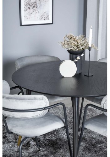 VENTURE DESIGN Dipp Esstisch-Set, mit 4 Stühlen – schwarzes Furnier/Messing, schwarzes Metall, grauer Samt/schwarzes Metall