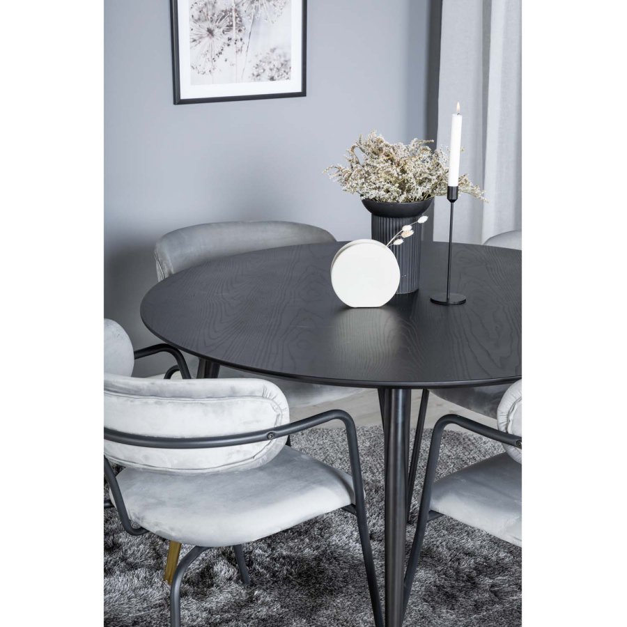 VENTURE DESIGN Dipp Esstisch-Set, mit 4 Stühlen – schwarzes Furnier/Messing, schwarzes Metall, grauer Samt/schwarzes Metall