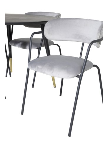 VENTURE DESIGN Dipp Esstisch-Set, mit 4 Stühlen – schwarzes Furnier/Messing, schwarzes Metall, grauer Samt/schwarzes Metall