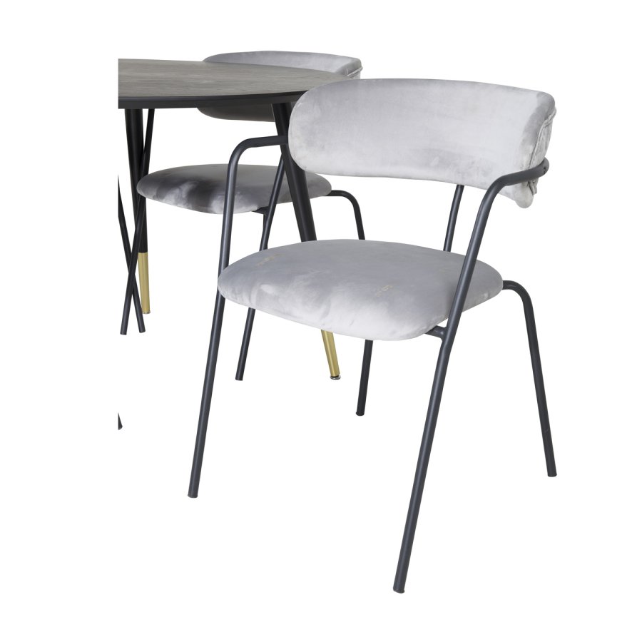 VENTURE DESIGN Dipp Esstisch-Set, mit 4 Stühlen – schwarzes Furnier/Messing, schwarzes Metall, grauer Samt/schwarzes Metall