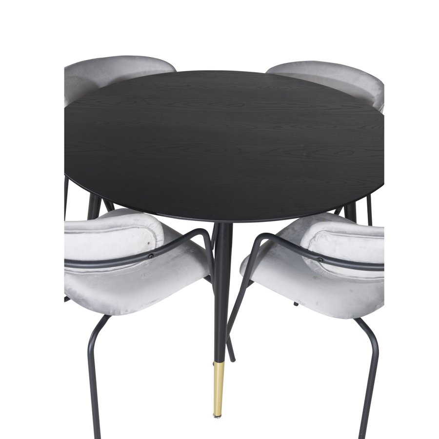 VENTURE DESIGN Dipp Esstisch-Set, mit 4 Stühlen – schwarzes Furnier/Messing, schwarzes Metall, grauer Samt/schwarzes Metall