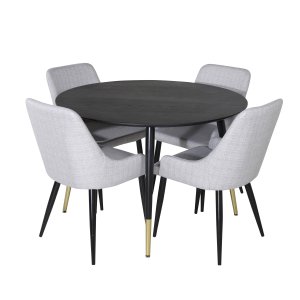 VENTURE DESIGN Dipp Matbordsset, med 4 Stolar - Svart Fanér / Mässing Svart Metall, Grtt Tyg / Svart Metall