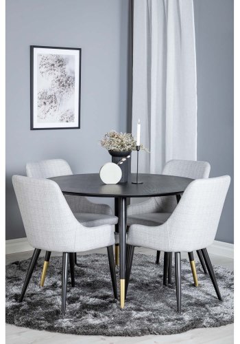 VENTURE DESIGN Dipp spisebordsett, m. 4 stoler - sort finér/messing sort metall, grtt stoff/svart metall