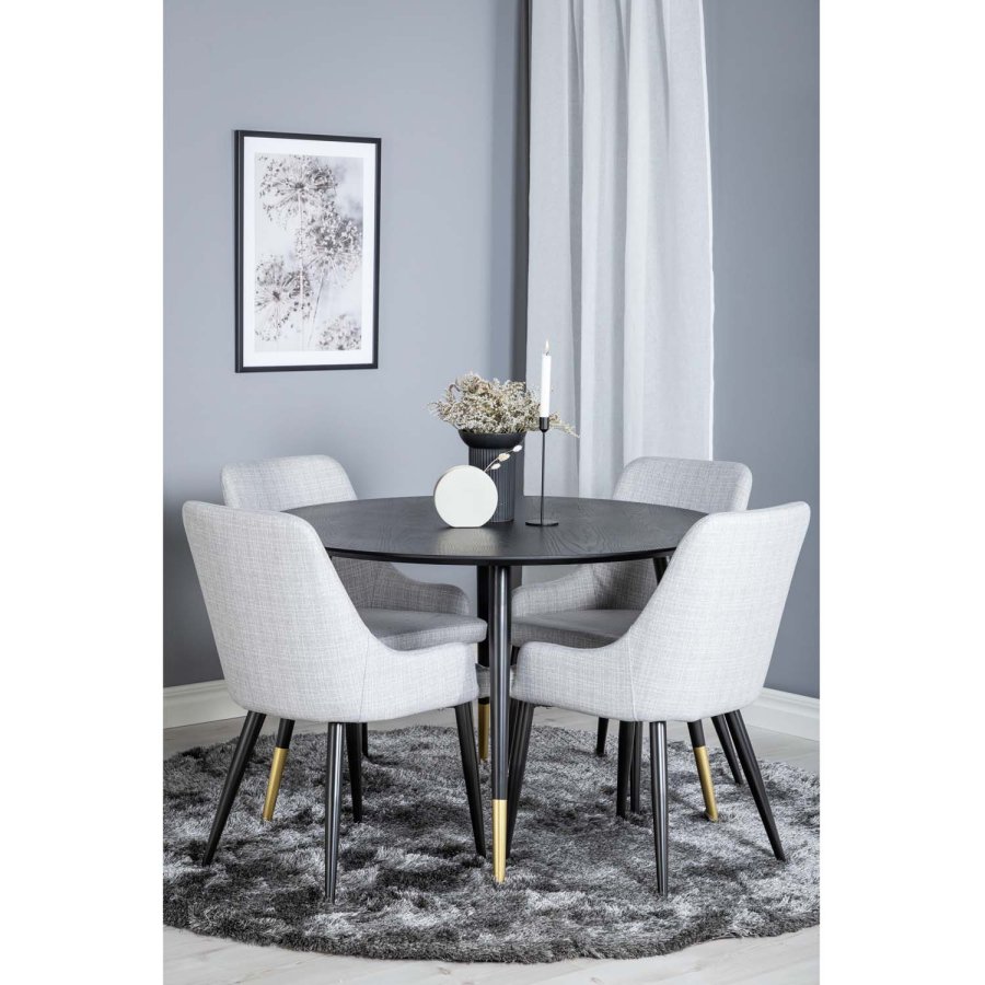 VENTURE DESIGN Dipp spisebordsett, m. 4 stoler - sort finér/messing sort metall, grtt stoff/svart metall