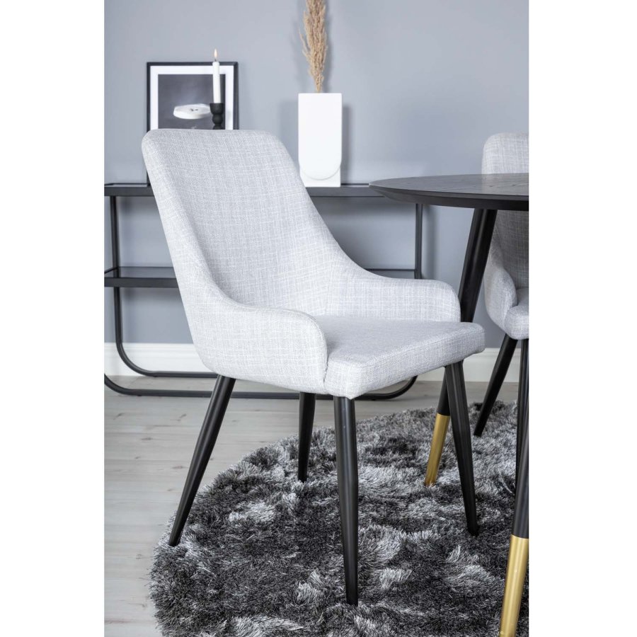 VENTURE DESIGN Dipp spisebordsett, m. 4 stoler - sort finér/messing sort metall, grtt stoff/svart metall