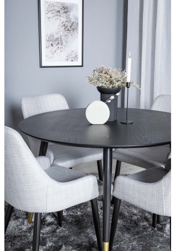VENTURE DESIGN Dipp spisebordsett, m. 4 stoler - sort finér/messing sort metall, grtt stoff/svart metall