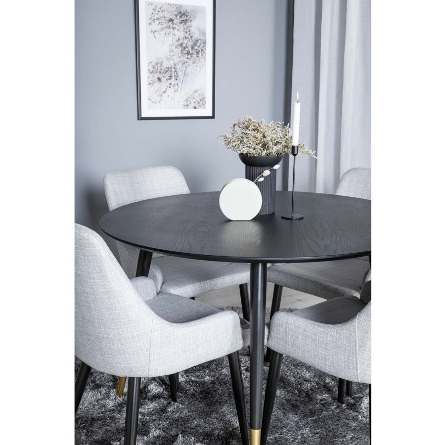 VENTURE DESIGN Dipp spisebordsett, m. 4 stoler - sort finér/messing sort metall, grtt stoff/svart metall
