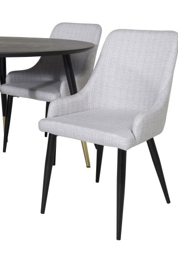 VENTURE DESIGN Dipp spisebordsett, m. 4 stoler - sort finér/messing sort metall, grtt stoff/svart metall