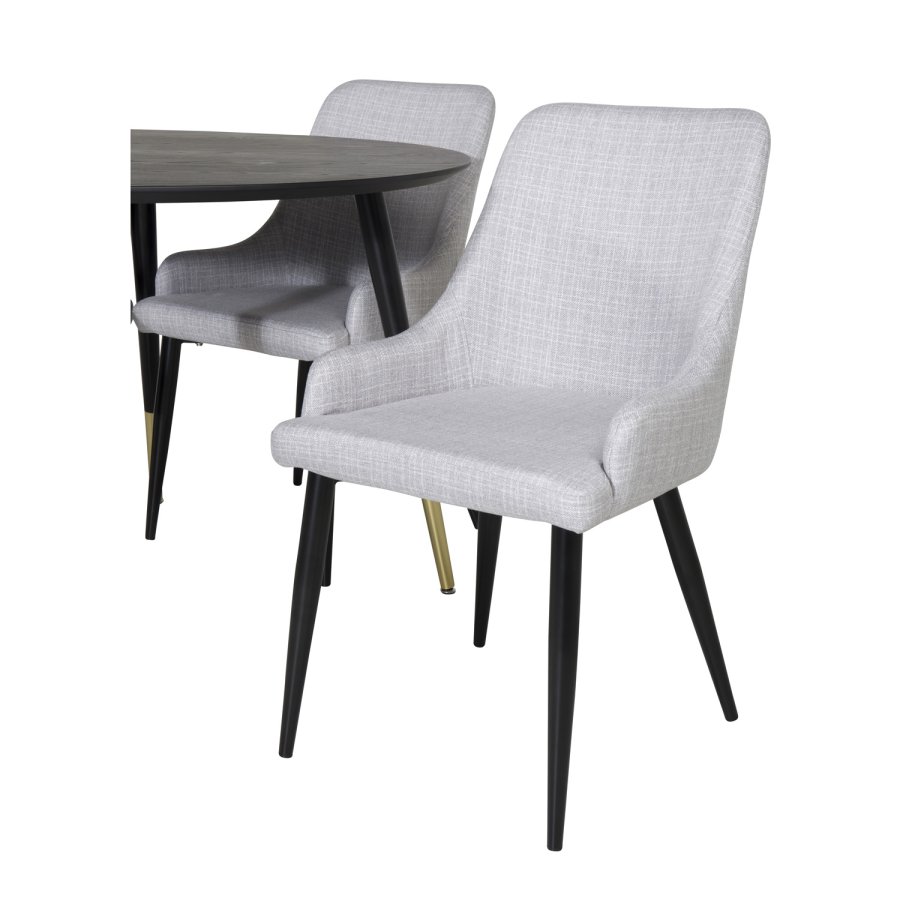 VENTURE DESIGN Dipp spisebordsett, m. 4 stoler - sort finér/messing sort metall, grtt stoff/svart metall