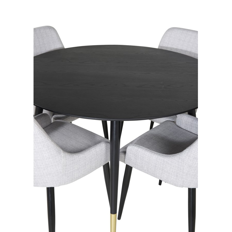 VENTURE DESIGN Dipp spisebordsett, m. 4 stoler - sort finér/messing sort metall, grtt stoff/svart metall