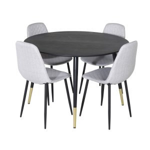 VENTURE DESIGN Dipp Matbordsset, med 4 Stolar - Svart Fanér / Mässing Svart Metall, Grtt Tyg/ Svart Metall