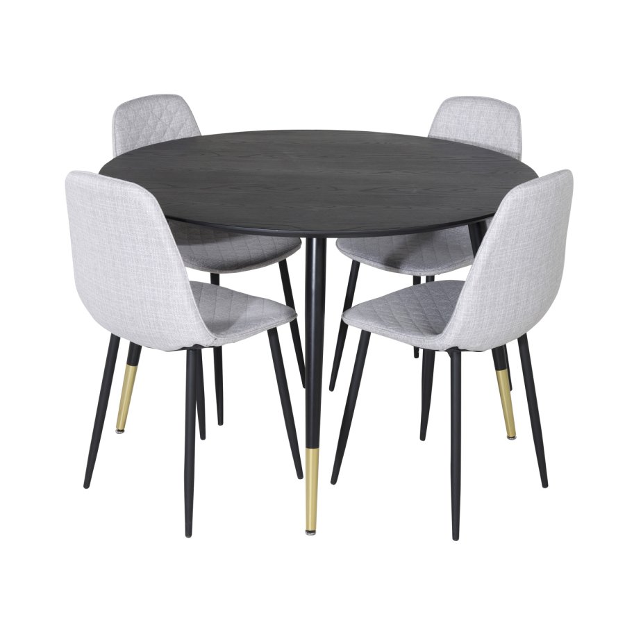 VENTURE DESIGN Dipp spisebordsett, m. 4 stoler - sort finér/messing sort metall, grtt stoff/svart metall