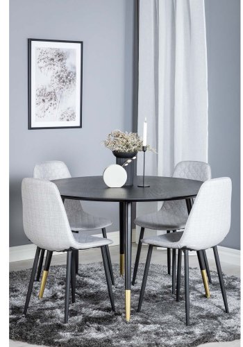 VENTURE DESIGN Dipp spisebordsett, m. 4 stoler - sort finér/messing sort metall, grtt stoff/svart metall