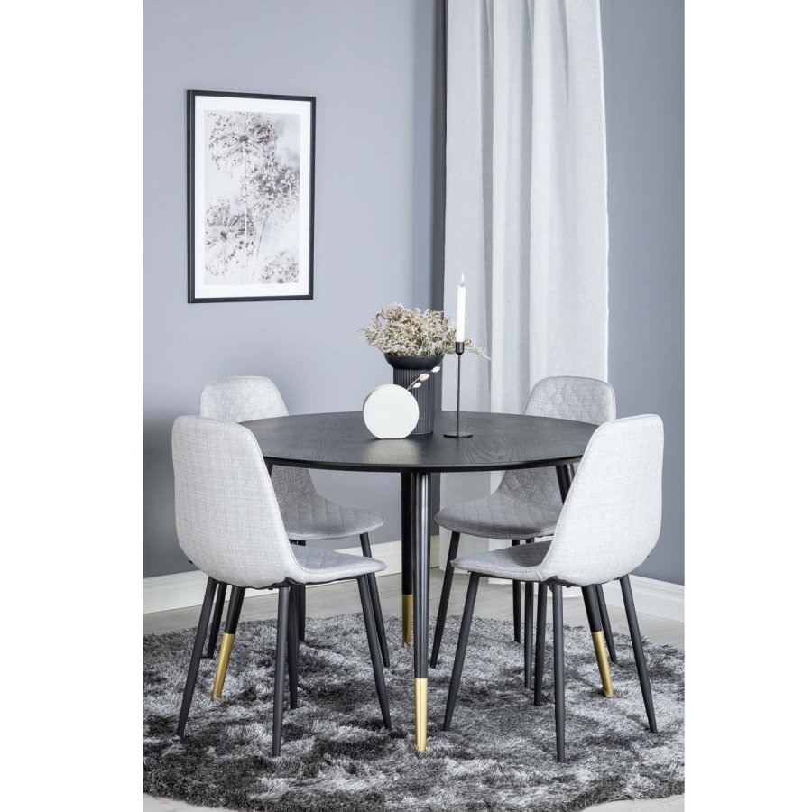 VENTURE DESIGN Dipp spisebordsett, m. 4 stoler - sort finér/messing sort metall, grtt stoff/svart metall