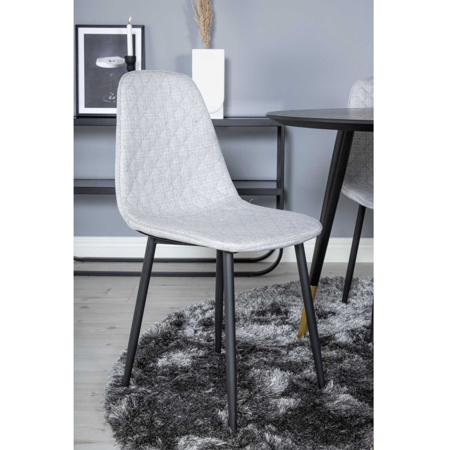 VENTURE DESIGN Dipp spisebordsett, m. 4 stoler - sort finér/messing sort metall, grtt stoff/svart metall