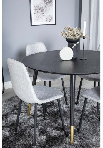 VENTURE DESIGN Dipp spisebordsett, m. 4 stoler - sort finér/messing sort metall, grtt stoff/svart metall