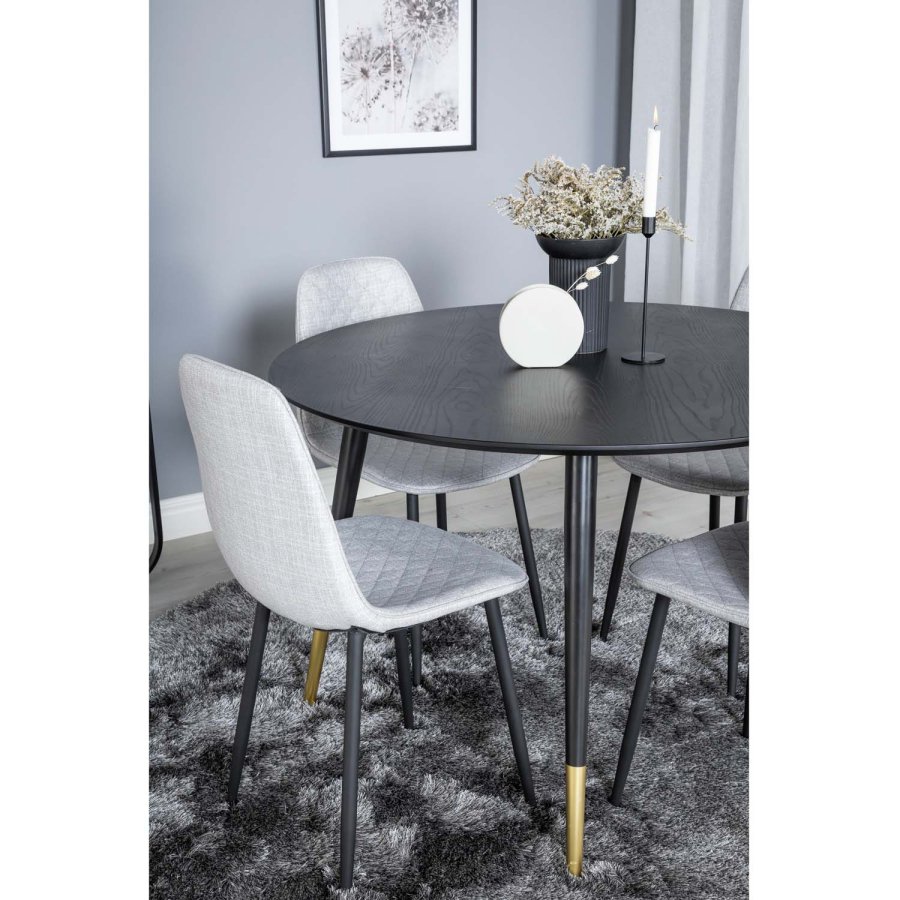 VENTURE DESIGN Dipp spisebordsett, m. 4 stoler - sort finér/messing sort metall, grtt stoff/svart metall