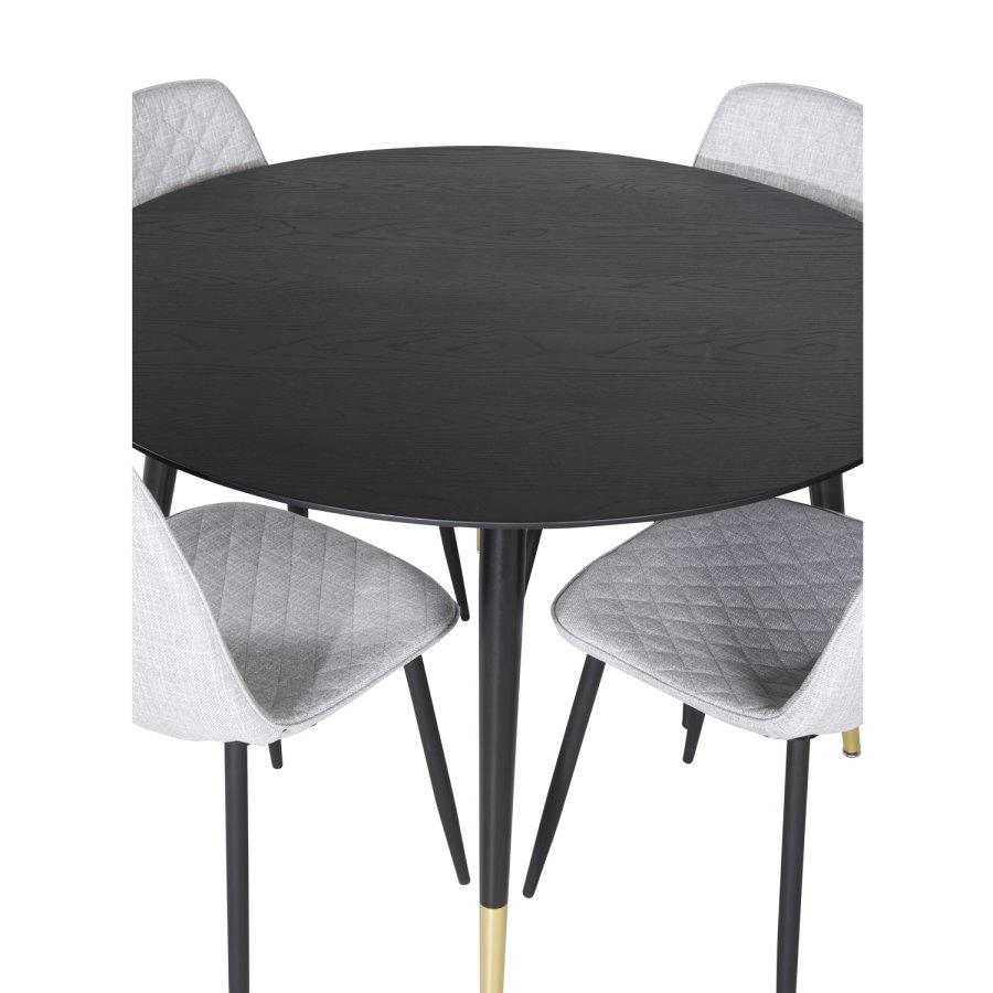 VENTURE DESIGN Dipp spisebordsett, m. 4 stoler - sort finér/messing sort metall, grtt stoff/svart metall