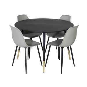 VENTURE DESIGN Dipp Matbordsset, med 4 Stolar - Svart Fanér / Mässing Svart Metall, Gr Plast / Svart Järn