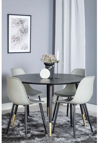 VENTURE DESIGN Dipp Esstisch-Set, mit 4 Stühlen – schwarzes Furnier/Messing, schwarzes Metall, grauer Kunststoff/schwarzes Eisen