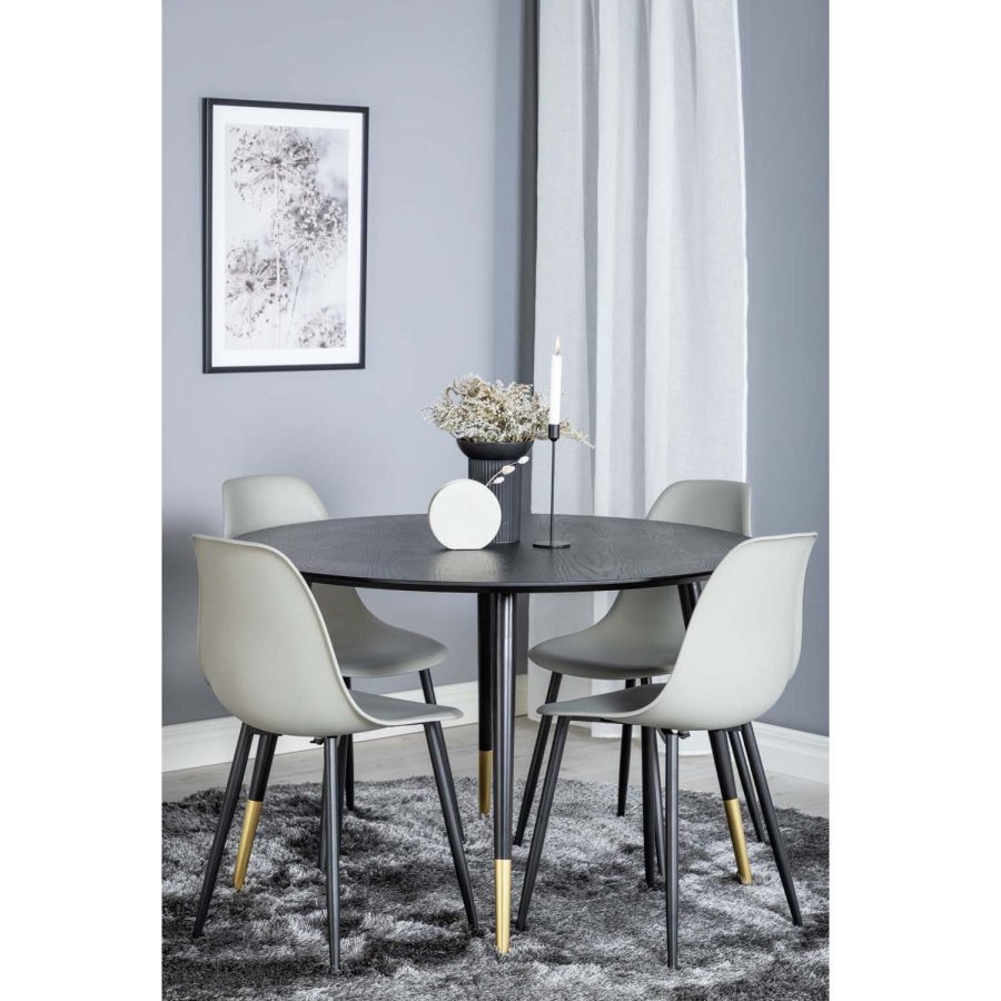 VENTURE DESIGN Dipp Esstisch-Set, mit 4 Stühlen – schwarzes Furnier/Messing, schwarzes Metall, grauer Kunststoff/schwarzes Eisen