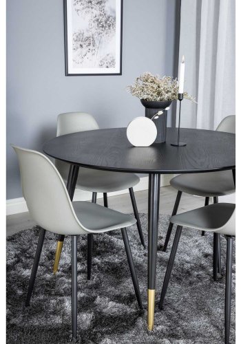 VENTURE DESIGN Dipp Esstisch-Set, mit 4 Stühlen – schwarzes Furnier/Messing, schwarzes Metall, grauer Kunststoff/schwarzes Eisen