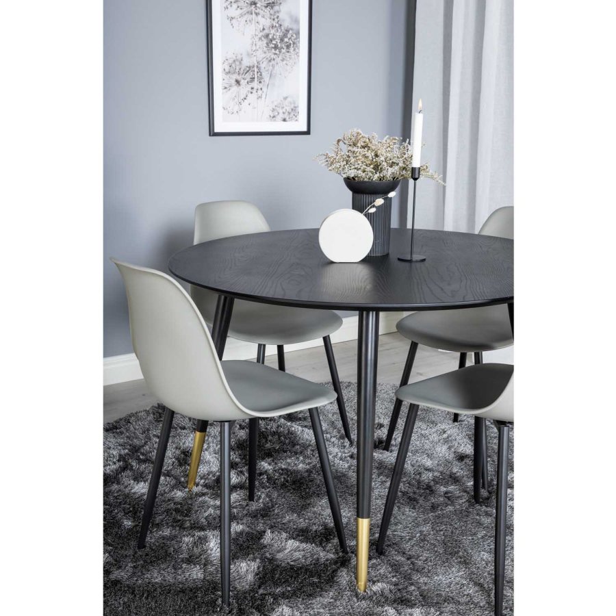 VENTURE DESIGN Dipp Esstisch-Set, mit 4 Stühlen – schwarzes Furnier/Messing, schwarzes Metall, grauer Kunststoff/schwarzes Eisen