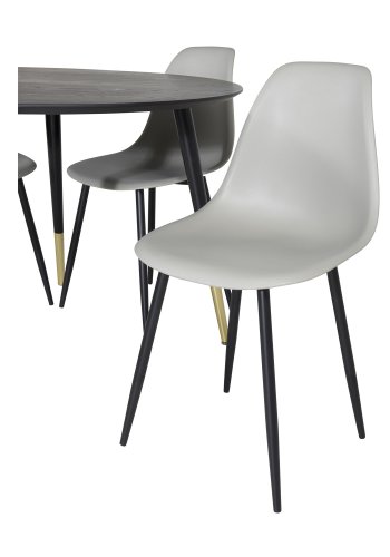 VENTURE DESIGN Dipp Esstisch-Set, mit 4 Stühlen – schwarzes Furnier/Messing, schwarzes Metall, grauer Kunststoff/schwarzes Eisen