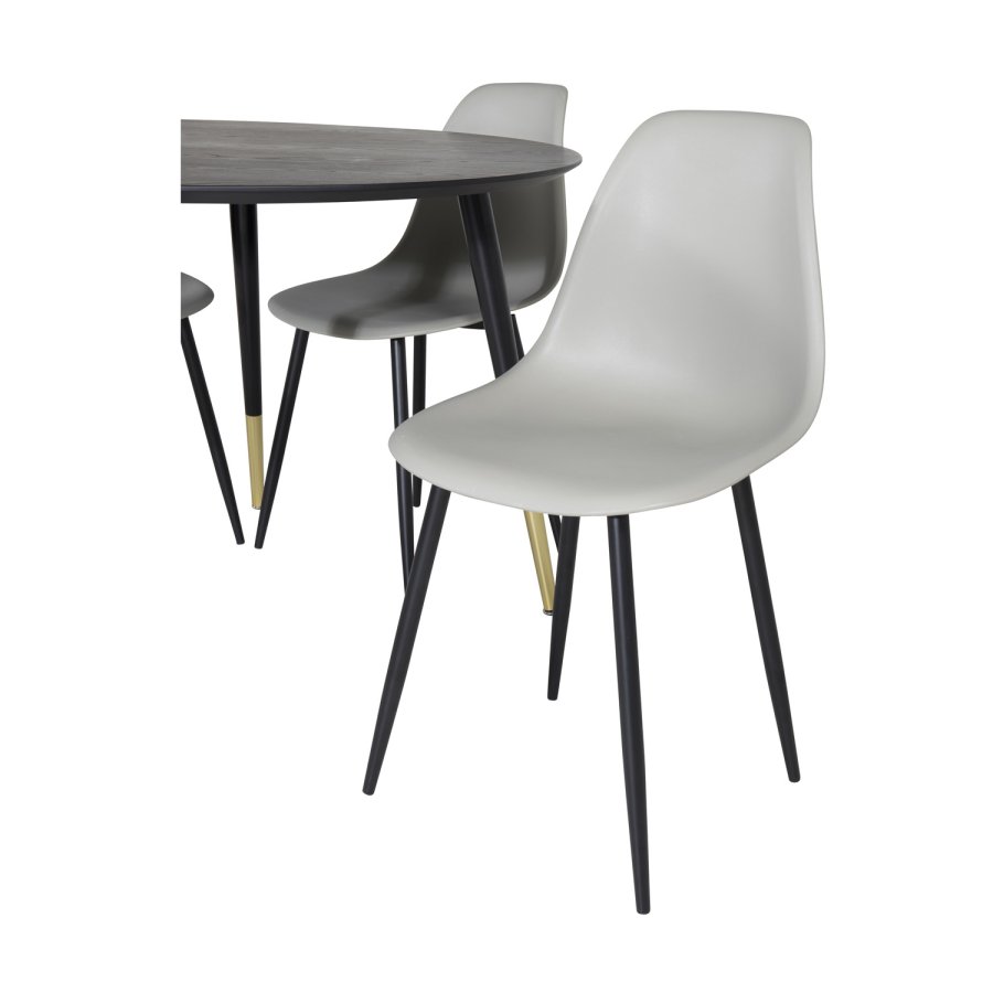 VENTURE DESIGN Dipp Esstisch-Set, mit 4 Stühlen – schwarzes Furnier/Messing, schwarzes Metall, grauer Kunststoff/schwarzes Eisen