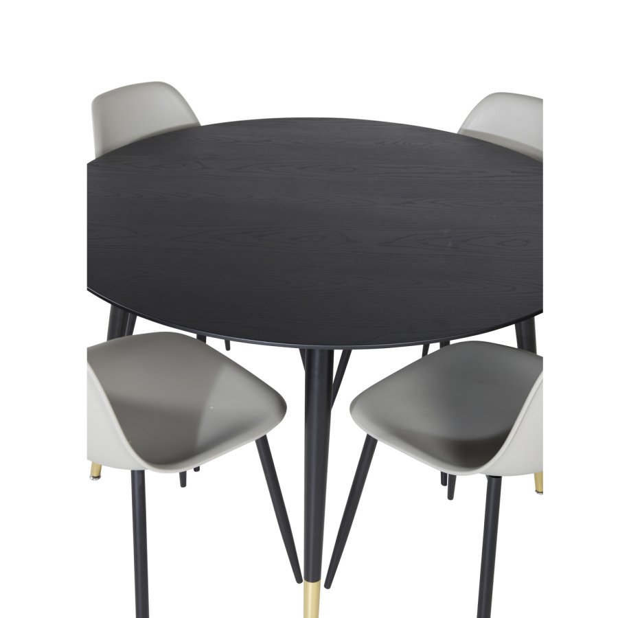 VENTURE DESIGN Dipp Esstisch-Set, mit 4 Stühlen – schwarzes Furnier/Messing, schwarzes Metall, grauer Kunststoff/schwarzes Eisen