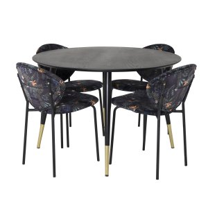 VENTURE DESIGN Dipp Matbordsset, med 4 Stolar - Svart Fanér / Mässing Svart Metall, Multityg / Svart Metall