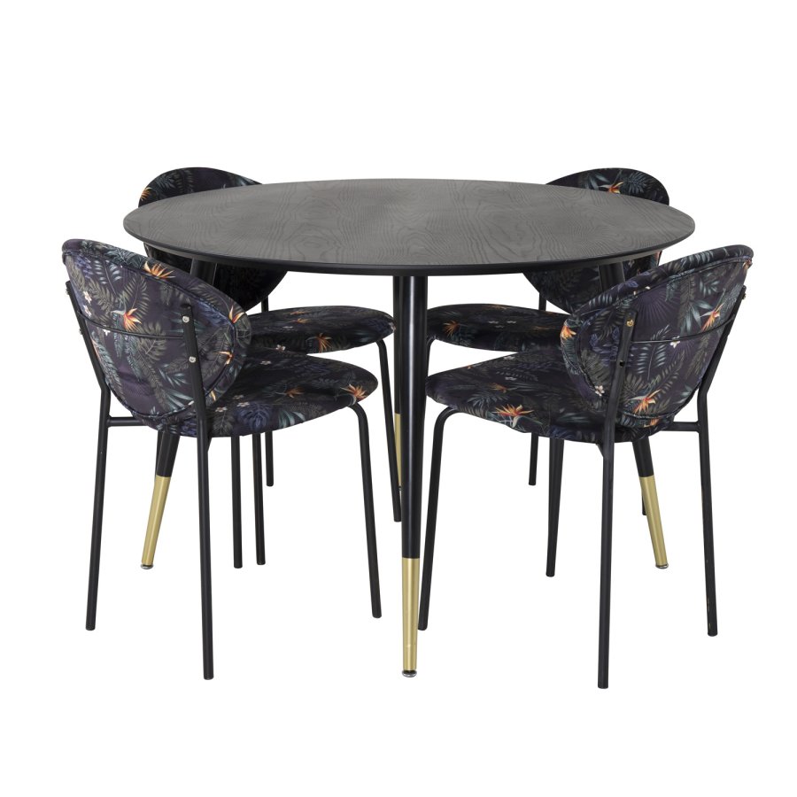 VENTURE DESIGN Dipp Esstisch-Set, mit 4 Stühlen – schwarzes Furnier/Messing, schwarzes Metall, mehrfarbiger Stoff/schwarzes Metall