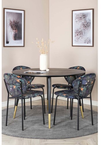 VENTURE DESIGN Dipp Esstisch-Set, mit 4 Stühlen – schwarzes Furnier/Messing, schwarzes Metall, mehrfarbiger Stoff/schwarzes Metall