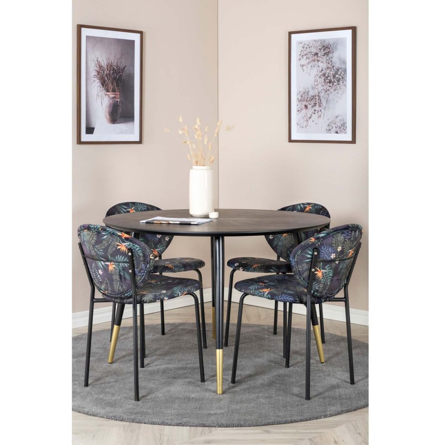 VENTURE DESIGN Dipp Esstisch-Set, mit 4 Stühlen – schwarzes Furnier/Messing, schwarzes Metall, mehrfarbiger Stoff/schwarzes Metall