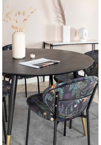 VENTURE DESIGN Dipp Esstisch-Set, mit 4 Stühlen – schwarzes Furnier/Messing, schwarzes Metall, mehrfarbiger Stoff/schwarzes Metall