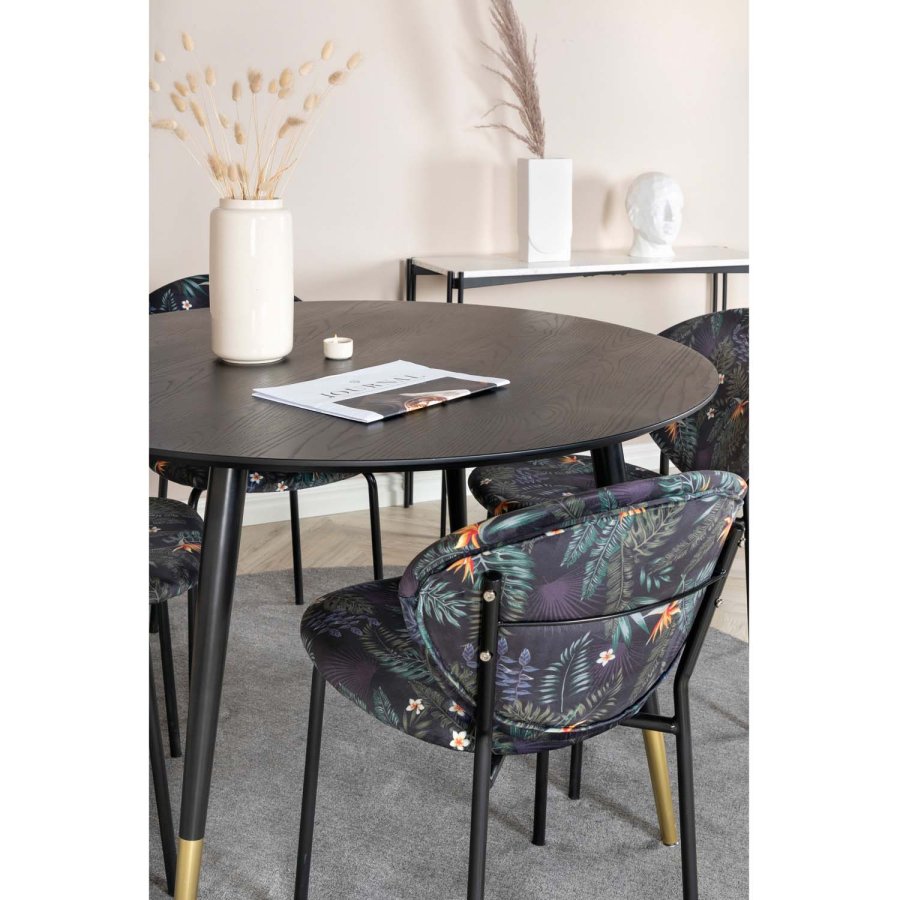 VENTURE DESIGN Dipp Esstisch-Set, mit 4 Stühlen – schwarzes Furnier/Messing, schwarzes Metall, mehrfarbiger Stoff/schwarzes Metall