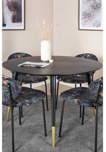 VENTURE DESIGN Dipp Esstisch-Set, mit 4 Stühlen – schwarzes Furnier/Messing, schwarzes Metall, mehrfarbiger Stoff/schwarzes Metall